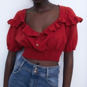 ZARA Red Ruffle Crop Top Milkmaid Puff Sleeve Smocked Waist Shirt Blouse Medium